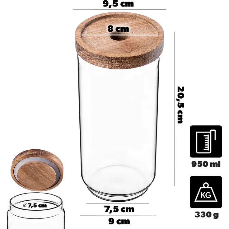 KADAX Vorratsglas 950ml mit Holzdeckel, Glasbehälter zur Aufbewahrung von Lebensmitteln, Vorratsgläser mit Deckel, Vorratsbehälter aus Glas, Vorratsdosen – Bild 2