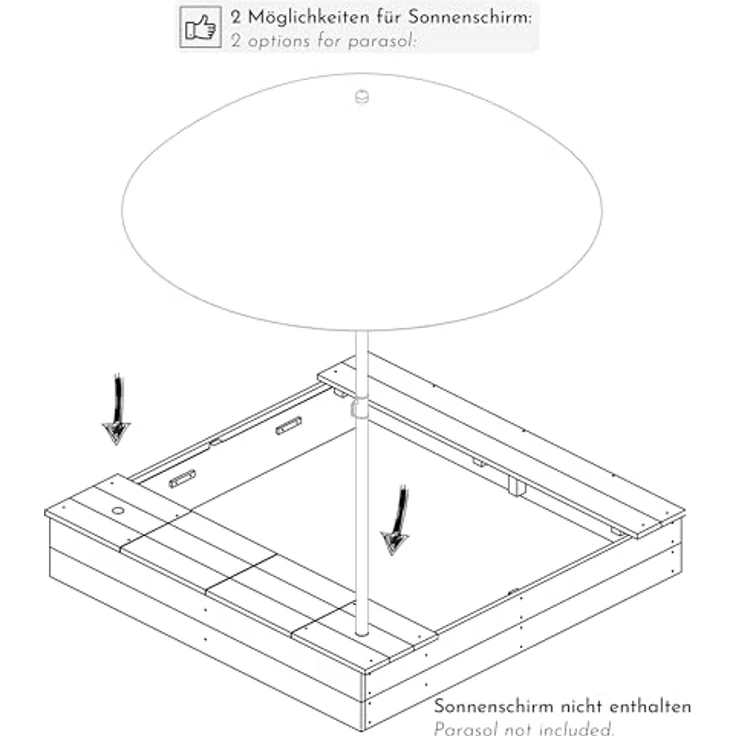WONDERMAKE Sandkasten arena2, quadratisch mit Abdeckung, 2 Matschküchen, farbig lasiert, 113x113 cm, schwarz bunt – Bild 6