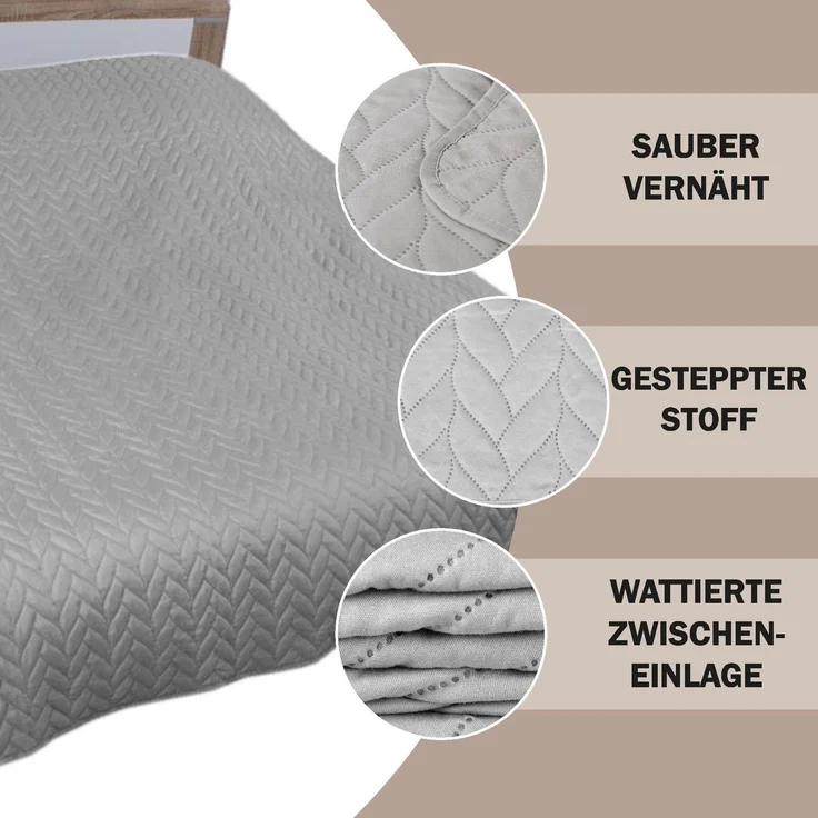 Tagesdecke XL (140x210 cm) mit wattierter Zwischenlage (Grau) Bettüberwurf - ÖKO-Tex 100, Sommerdecke gesteppt - Steppdecke, Wendedecke – Bild 4