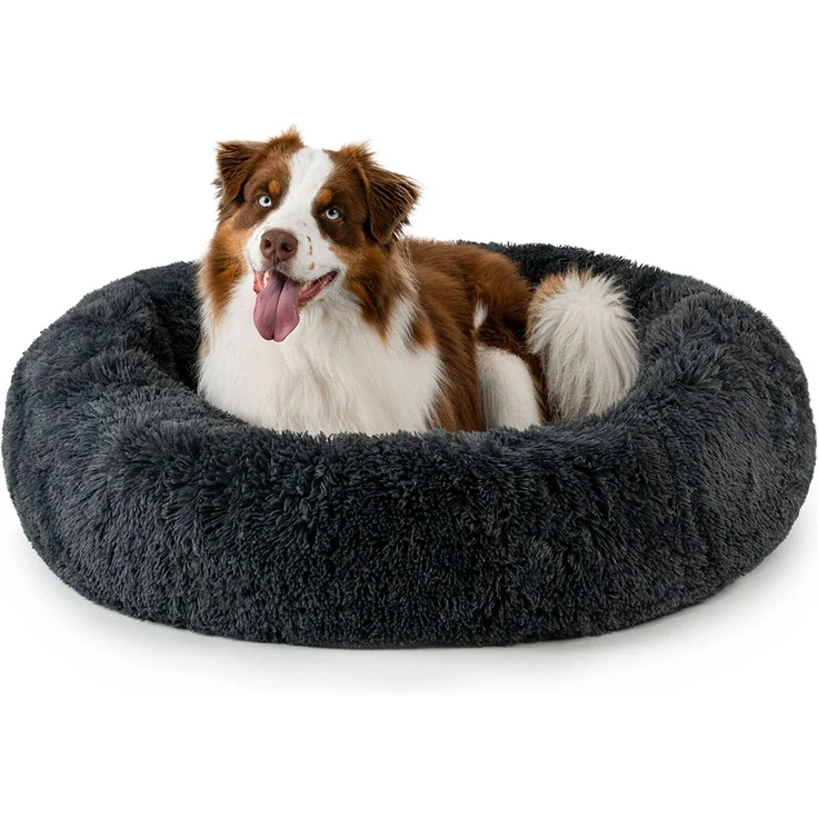 lionto Donut Hundebett, rundes Hundesofa mit Plüschbezug & Anti-Rutsch-Noppen, weich & gemütlich, 100 cm Durchmesser, dunkelgrau – Bild 1
