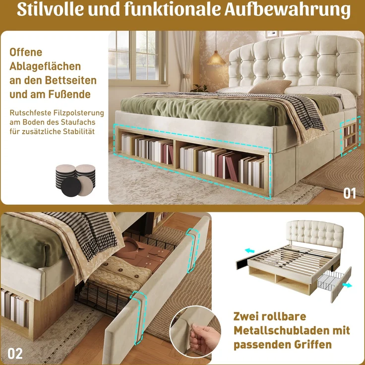 Merax Doppelbett 140x190 cm, Polsterbett mit Lattenrost, Bettgestell mit gebogenem höhenverstellbarem Kopfteil, Bett mit Schubladen und Stauraum, Samt, Beige – Bild 7