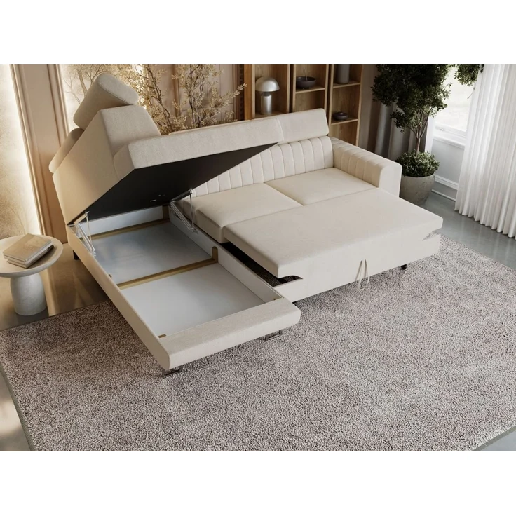 GRAINGOLD Ecksofa Berona, Couch L-Form mit Schlaffunktion, Bettkasten, Verstellbare Kopfstützen, Velour-Stoff, Beige, Links – Bild 4