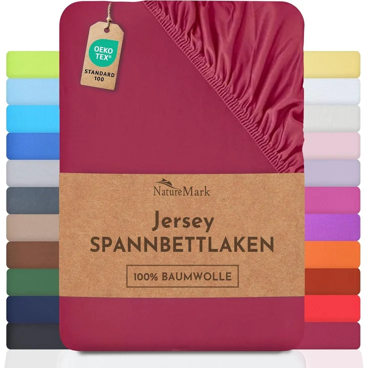 NatureMark Jersey Spannbettlaken, Spannbetttuch 100% Baumwolle in vielen Größen und Farben MARKENQUALITÄT ÖKOTEX Standard 100 | 200x220 cm +40 Steg - Bordeaux rot