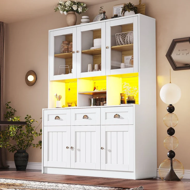 Küchenschrank(140×40×175cm), Hochschrank Küchenbuffet, Vitrinenschrank, Buffetschrank mit Verstellbaren Ablagen, Sideboard mit LED-Beleuchtung,Variable Lichtfarben, Weiß/Schwarz--Weiß--140x40x175cm--YOUDENOVA – Bild 1