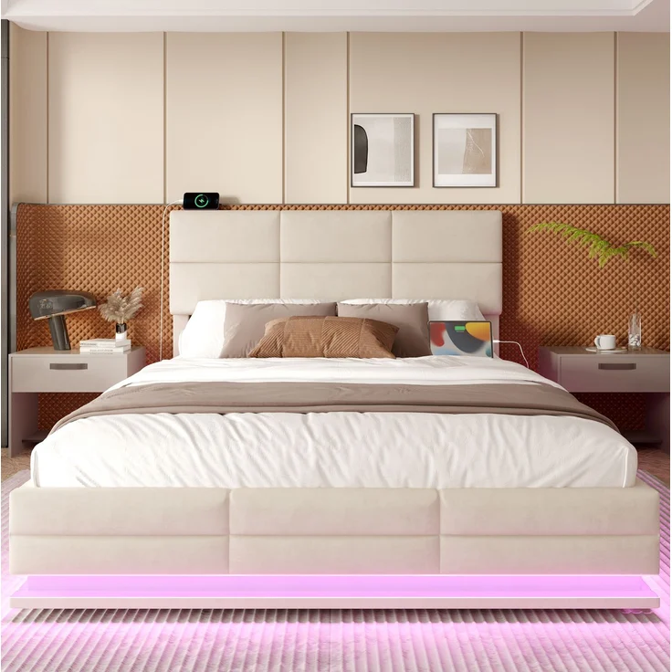 Modernes Velours-Polsterbett 140x200 cm - Höhenverstellbar, USB-Anschlüsse, LED-Beleuchtung, Beige – Bild 4