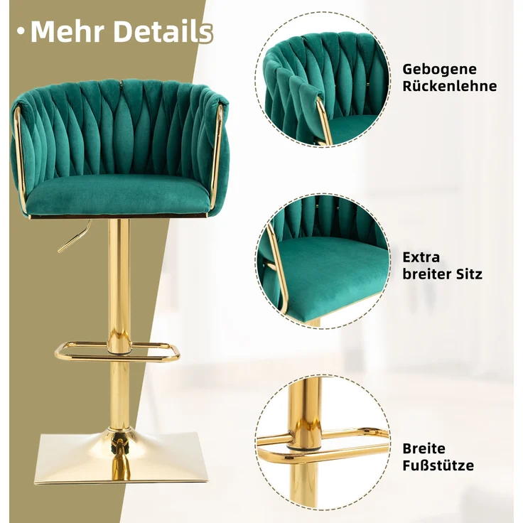 LVHOM Barhocker 2er Set, 360° drehbare moderne Samt-Barstühle, drehbare Küchenhocker, goldene Stuhlbeine – Bild 4