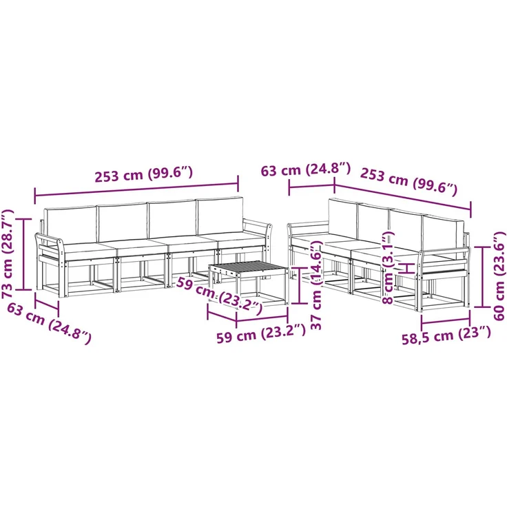 vidaXL Outdoor-Sofagarnitur mit Kissen 9 pcs Natürlich und Hellgrau 3366184 – Bild 10