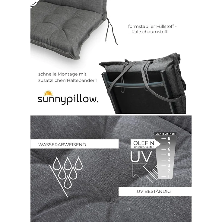sunnypillow Hochlehnerauflage Gartenstuhlauflagen mit abnehmbarem Kopfpolster 120x50x9 cm, (2 St), Auflage Polsterauflagen UV-Lichtecht – Bild 3