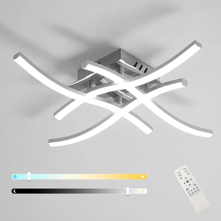 Goeco LED Deckenleuchte Dimmbar 28W 3000 k - 6500 k Silber Deckenlampe mit Fernbedienung 4 Flammig, Modern Curved Deckenbeleuchtung für Wohnzimmer Schlafzimmer, 45 * 45 * 8 CM – Bild 1
