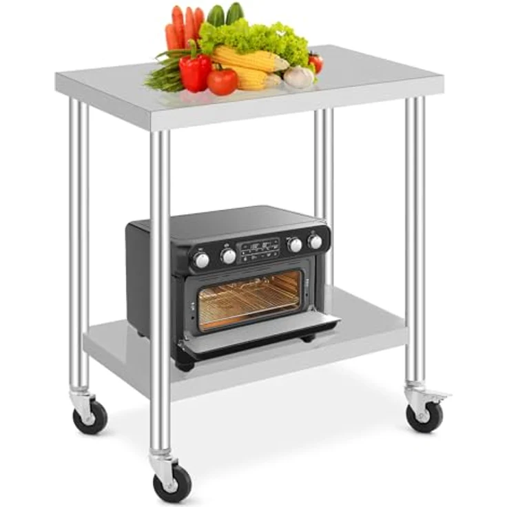 GarveeHome Arbeitstisch aus Edelstahl für Lebensmittelzubereitung, höhenverstellbar mit 3 Stufen, 4 Lenkrollen (2 gebremst), Maße 76x46 cm, ideal für gewerbliche Küchen, Restaurants & Catering – Bild 1