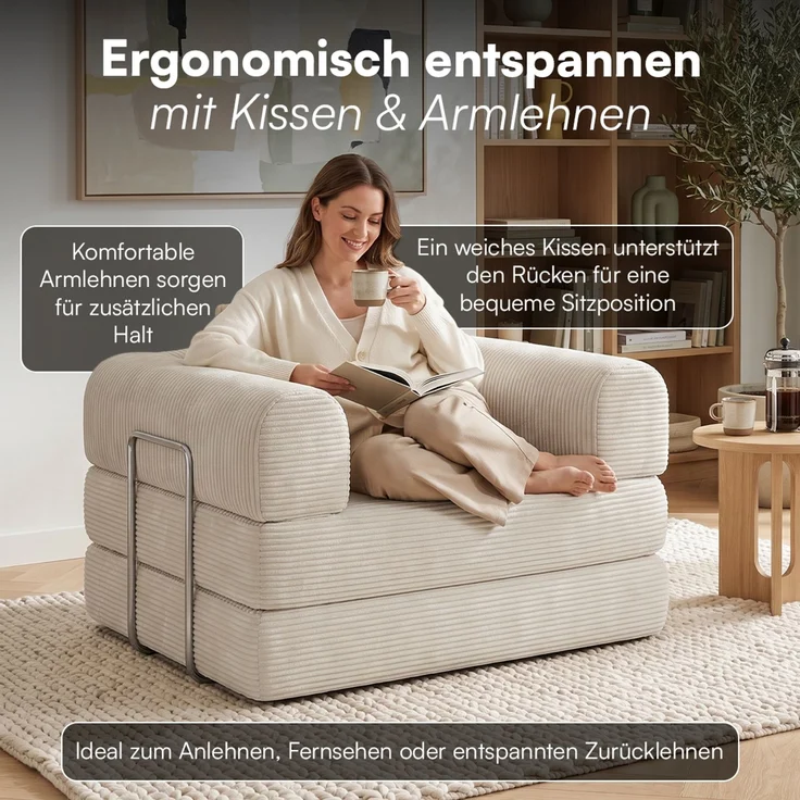 skølm 'Lofn' Modularer Sessel 1 Sitzer, 115x100 cm, Vollschaumcouch mit Metallgestell, Cord beige, Schlafsessel vakuumverpackt, kein Aufbau erforderlich – Bild 4
