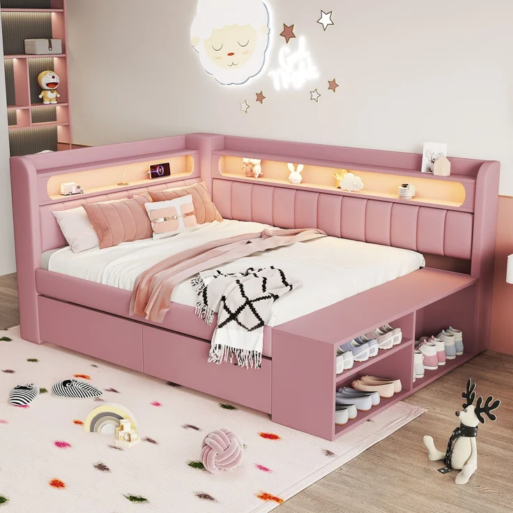Merax Kinderbett, Einzelbett, Schlafsofa 90x200cm mit USB-Anschluss und LED-Lichtleiste, inklusive Schuhschrank und zwei Schubladen, Rosa – Bild 5