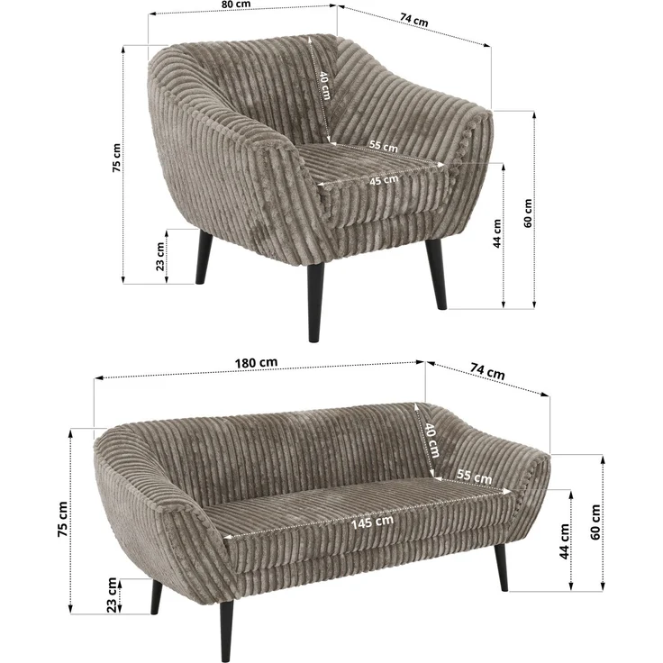 Wohnzimmerset PIRS 1-1-3, Skandinavisches 3-Sitzer Sofa mit Sesseln, Sofa mit Wellenfederung, schwarze Füße, Skandinavisches Möbelset - Hellbraun Cord – Bild 5