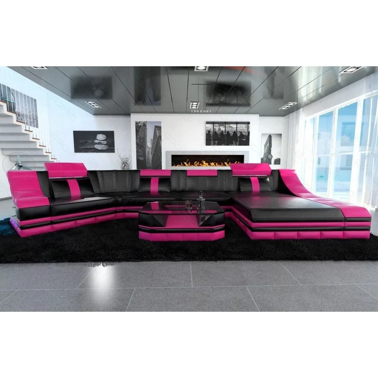 Sofa Dreams - Mini Luxus Wohnlandschaft Turino C-Form mit LED - Echtleder - Schwarz-Pink - Rechts – Bild 5