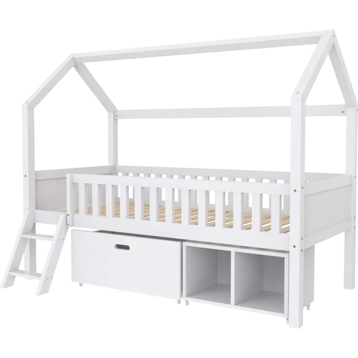 Merax Hausbett Kinderbett Jugendbett 200x90 Mit Schubladen und Ablagefächern Geeignet für Jungen und Mädchen Mit Anti-Drop-Geländer, Weiß – Bild 9