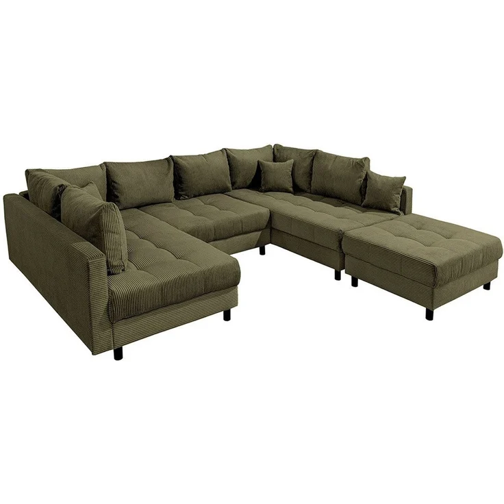 riess-ambiente Wohnlandschaft KENT 305cm grün/schwarz- inkl. Hocker & Kissen, Cord, Rundumbezug, FSC, Einzelartikel 1 Teile, XXL Couch in U-Form - ideal für große Wohnzimmer & Wohnbereiche – Bild 2