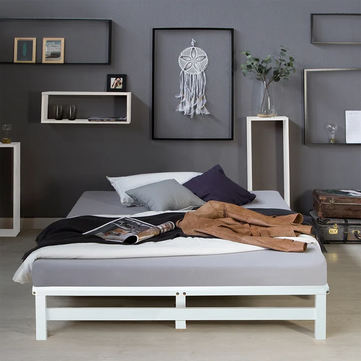 Holzbett 140x200 mit Matratze Holzbettrahmen Palettenbett Weiß Doppelbett Bett Massiv Holz Bettgestell – Bild 2