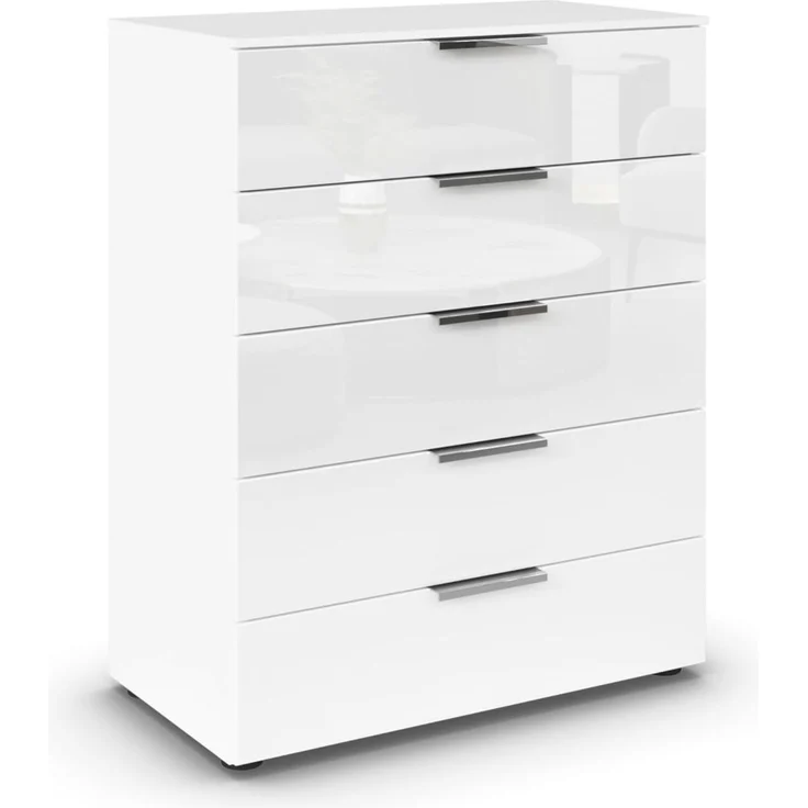Rauch Möbel Flipp, Hochkommode mit viel Stauraum für Flur, Wohnzimmer, Schlafzimmer, Alpinweiß/Glasfront Weiß, 5 Schubkästen, Griffe chrom, 80 x 100 x 42 cm