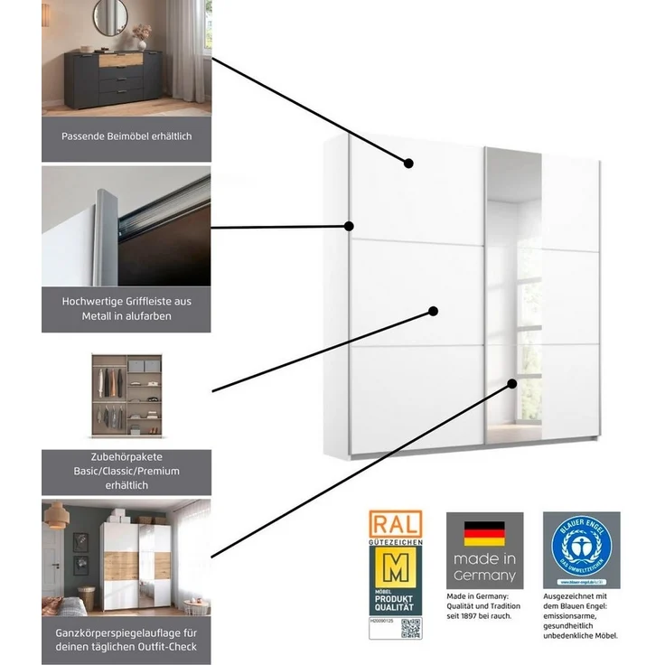 rauch Schwebetürenschrank Kleiderschrank Schrank Garderobe TOPSELLER ASTANA OTTO´s CHOICE (3 Ausstattungen BASIC/CLASSIC/PREMIUM (inkl. SOFT-CLOSE-FUNKTION) mit 3 Spiegelelementen, Metallgriffleisten alufarbig MADE IN GERMANY – Bild 2