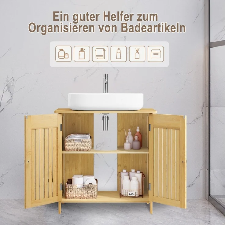 EUGAD Waschbeckenunterschrank (1-St) aus Bambus, Verstellbarer Einlegeboden, 60x60x30cm – Bild 3