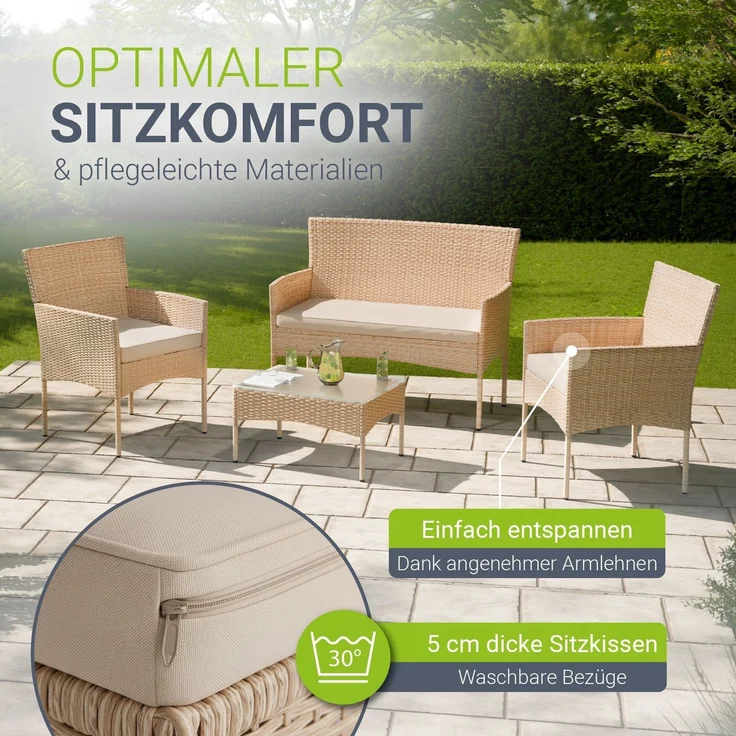 Juskys Polyrattan Gartenmöbel-Set Fort Myers creme – Sitzgruppe mit Tisch, Sofa & 2 Stühlen - Balkonmöbel für 4 Personen mit sandfarbigen Auflagen – Bild 2