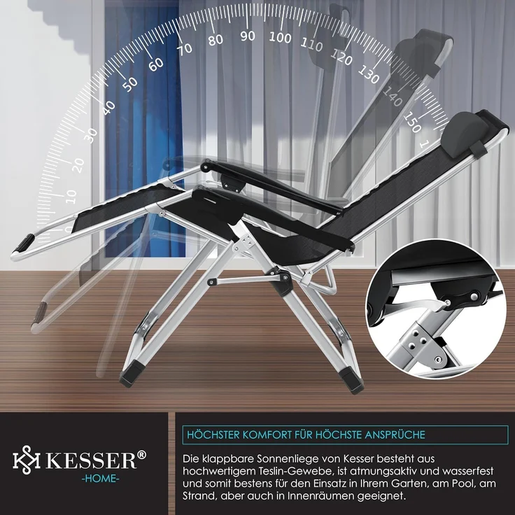 KESSER® Sonnenliege Liegestuhl, klappbare Gartenliege extra breit & Wetterfest, Belastbar 200kg, Ergonomisches Polster, verstellbare Rückenlehne inkl. Nackenkissen, Getränkehalter & Armpolster Anthrazit, Liege (Basic) – Bild 4