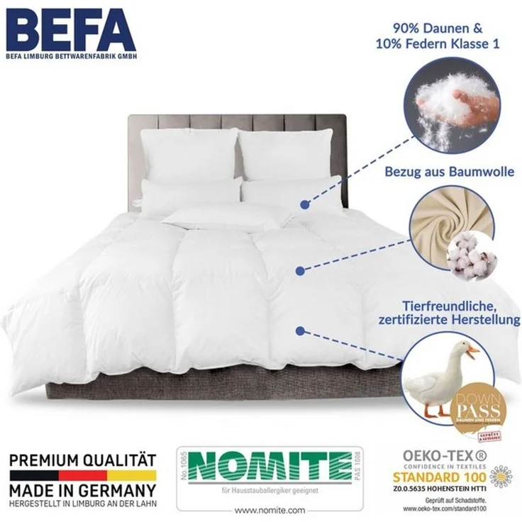 BEFA NATUR Daunenbettdecke kuschelig weiche Premium-Ganzjahresdecke, 4-Jahreszeitendecke, Füllung: 90% Daunen, 10% Federn, Made in Germany - Bettdecke Größe 135x200 155x220 200x200 erhältlich – Bild 4