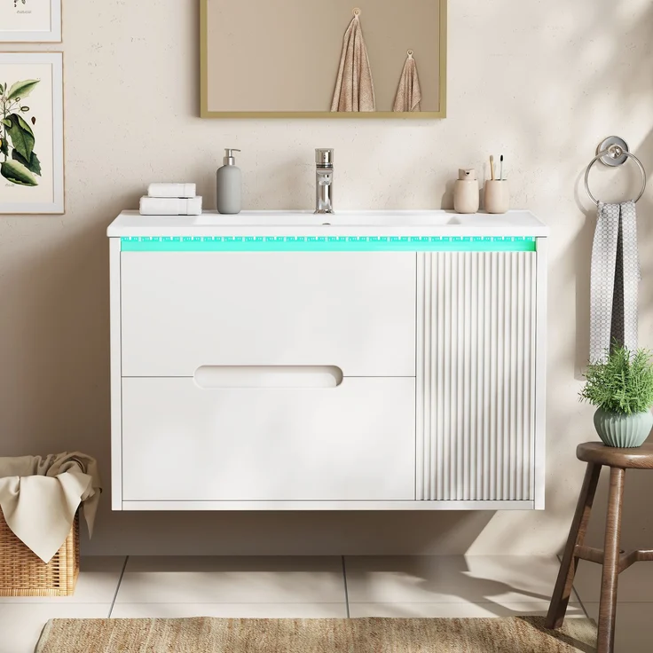Waschbeckenunterschrank mit Keramikbecken, 81 x 47 x 51 cm, MDF, wandmontiert, mit LED-Beleuchtung – Bild 2