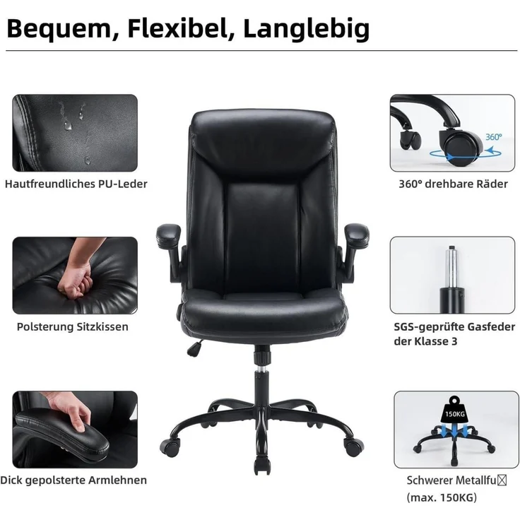 Bürostuhl Ergonomischer Schreibtischstuhl PU Leder Drehstuhl höhenverstellbar – Bild 7