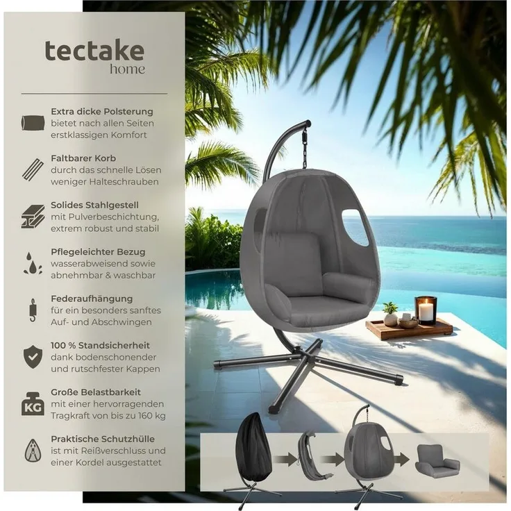 tectake Hängesessel Schaukelstuhl Anika mit Gestell und Kissen 160kg, mit extra dickem Sitzkissen, 360° drehbar