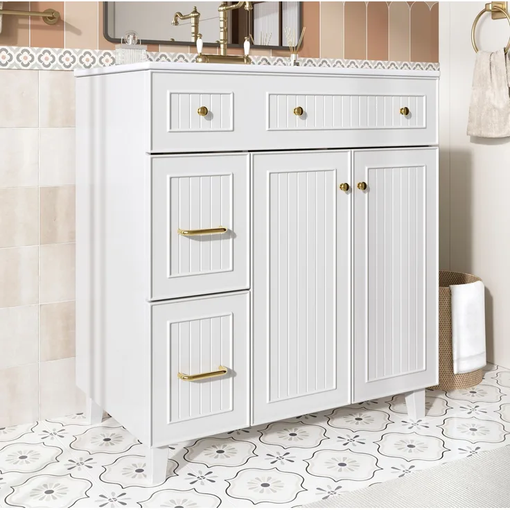 Waschtisch-Unterschrank B 81,7 cm mit Keramikbecken, lackiertem MDF und Massivholzfüßen in Weiß