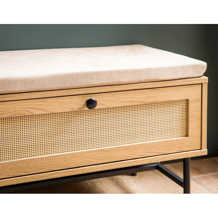 Schuhbank Eiche-Dekor Rattan gepolstert 100x60x38cm mit Stauraum Schublade Tür – Bild 5