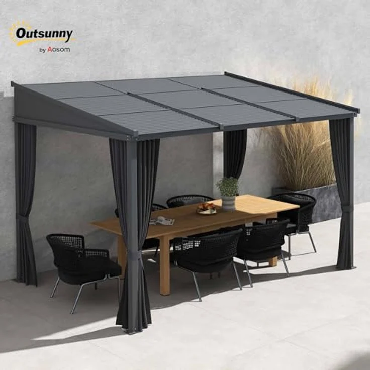 Outsunny Pergola 3,65 x 2,55 m mit Schiebedach, Gartenpavillon mit Vorhängen, Aluminium-Metall-Konstruktion, Dunkelgrau – Bild 2