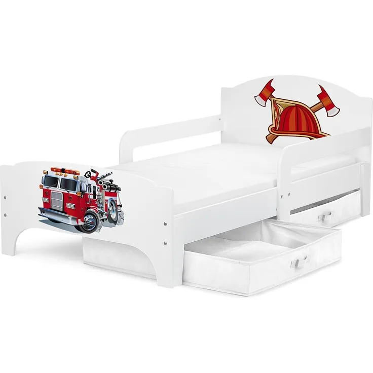 SMART Kinderbett aus Holz - Feuerwehr - Einzelbett mit Schubladen und Matratze (140/70 cm)