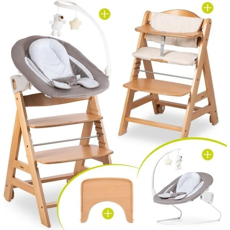 Hauck Hochstuhl Beta Plus Natur - Newborn Set Deluxe, Holz Babystuhl ab Geburt, Aufsatz für Neugeborene, Sitzkissen, Tisch – Bild 4