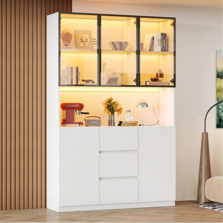 Celya Glasvitrine 120×40×200 cm, mit offenen Regalen undLED-beleuchtete (mit 3 Schubladen und 5 Türen) Ideal für Esszimmer, Wohnzimmer, Küche oder Arbeitszimmer – Bild 3