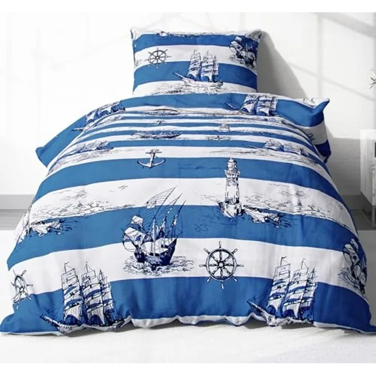 Heubergshop Bettwäsche, Renforcé, 2 teilig, 155x220cm + 80x80cm Leuchtturm Maritime Anker Schiff Baumwolle (736-2)