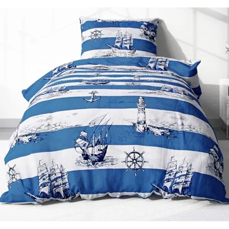 Heubergshop Bettwäsche, Renforcé, 2 teilig, 155x220cm + 80x80cm Leuchtturm Maritime Anker Schiff Baumwolle (736-2) – Bild 1