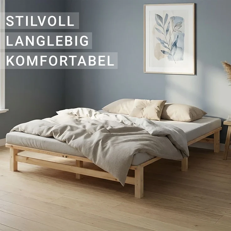 Holzbett 160x200 mit Matratze Doppelbett Holz Natur Bett Massiv Palettenbett Bettgestell Holzbettrahmen Lattenrost – Bild 6