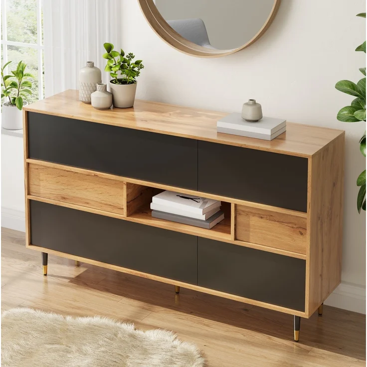 Sideboard aus MDF und PB mit 2 Schubladen, Klapptüren & offenem Fach, 140 x 40 x 84,5 cm, Natur/Schwarz – Bild 3
