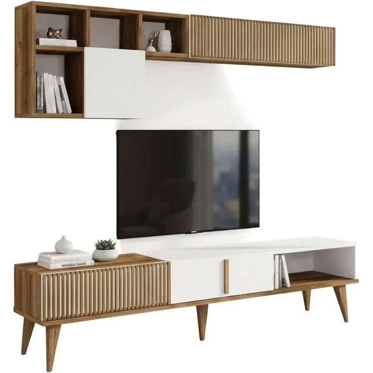 Dmora - Wohnzimmermöbel Gemini, Modulares Wohnzimmerset, Mehrzweck-Wohnzimmermöbel, Moderner TV-Schrank, 180x35h40 cm, Walnuss und Weiß – Bild 2