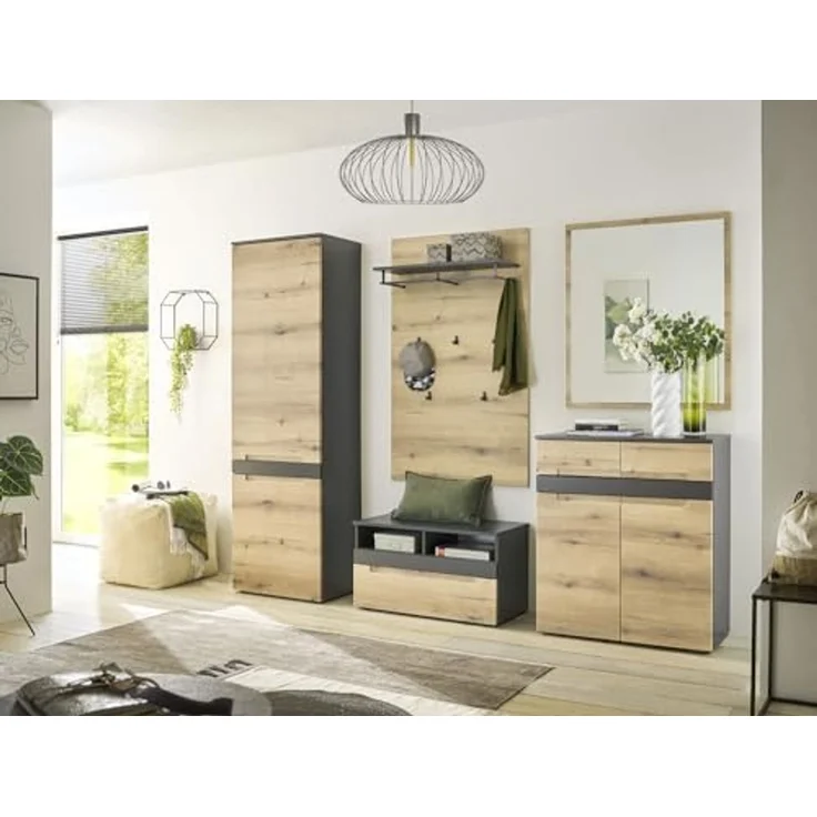 moebel-dich-auf Garderoben-Set TARENT, (Komplett-Set, Garderobenschrank + Paneel + Bank + Spiegel + Schuhkommode), in Anthrazit MDF / Evoke Oak MDF – Bild 1