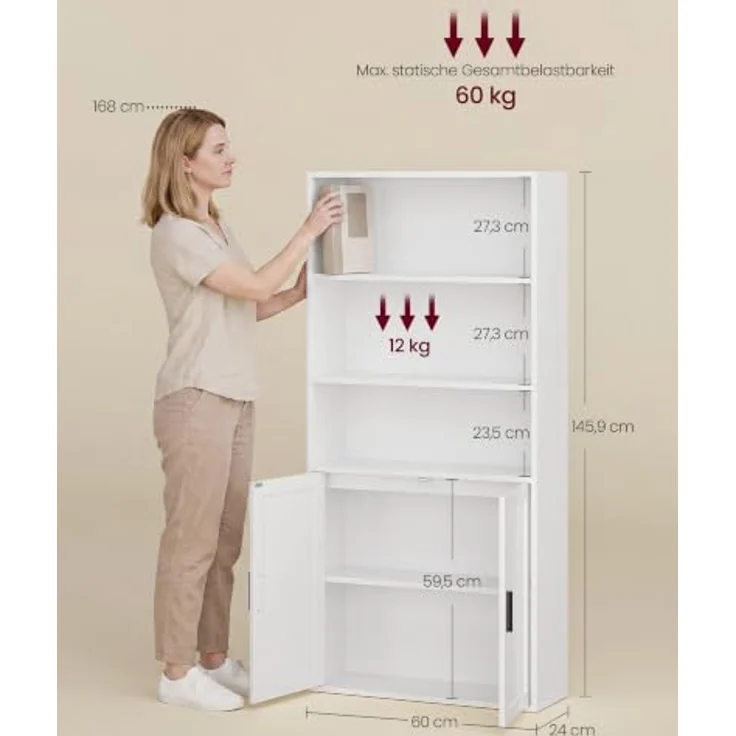VASAGLE Bücherregal, 5-stöckiges Standregal mit Tür, 60 x 24 x 145.9 cm | Offenes Aufbewahrungsregal, für Wohnzimmer, Homeoffice, Esszimmer, Wolkenweiss, SIREN Kollektion LBC502WB01 – Bild 2