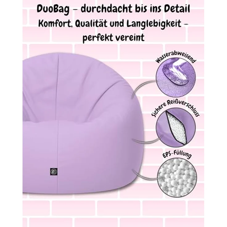 PATCH HOME 2-in-1 Sitzsack Sessel - Gaming Bean Bag mit Reißverschluss - Bereits befüllt, Ergonomisch & Robust für Kinder & Erwachsene - Indoor & Outdoor, Wetterfest (Flieder, 155cm) – Bild 6