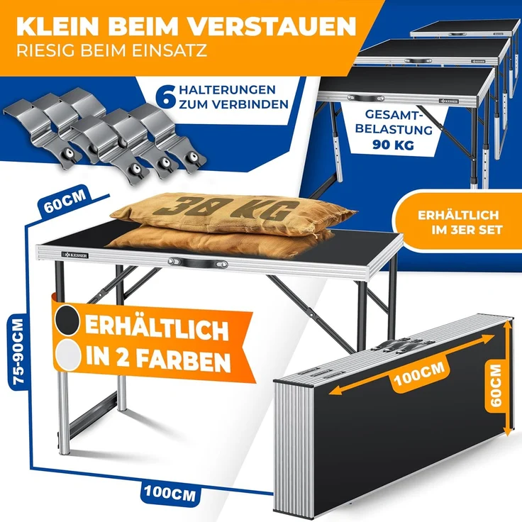 KESSER® Multifunktionstisch Profi 3- teilig, 100 x 60 cm, Tapeziertisch 30kg Tragkraft je Tisch Mit Ausziehfunktion Klapptisch Flohmarktisch Beistelltisch Mehrzwecktisch Campingtisch höhenverstellbar Schwarz – Bild 2
