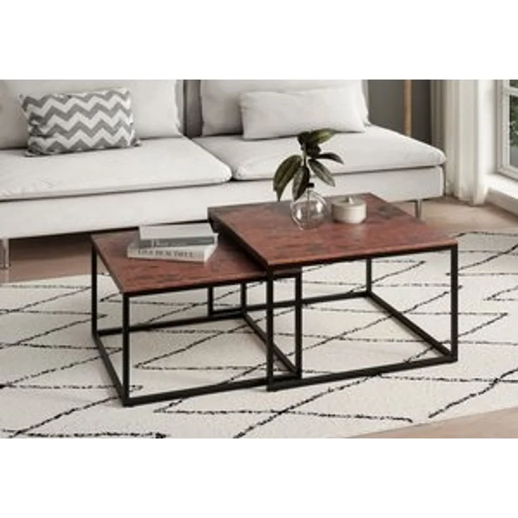 Home Collective Couchtisch Kleiner 2er Set aus Holz, Wohnzimmertisch Modern (Beistelltisch Set 2 in 1 mit Metallgestell, Büro Beistelltisch Loft Design TWIN, kratzfeste Oberfläche, Set 2 in 1), Quadratisch in Eiche dunkel, für Wohnzimmer – Bild 6