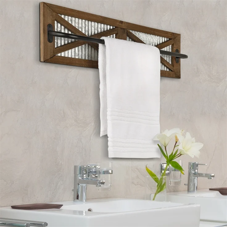 Handtuchhalter Groß braun 60 x 15 Massivholz Verzinktes Metall Küche Bad – Bild 2