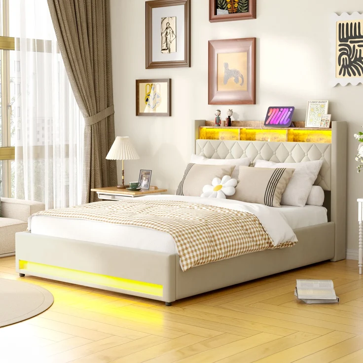 Luxuriöses Polsterbett aus Samt mit Matratze & Lattenrost, 160x200 cm, Beige – Bild 1