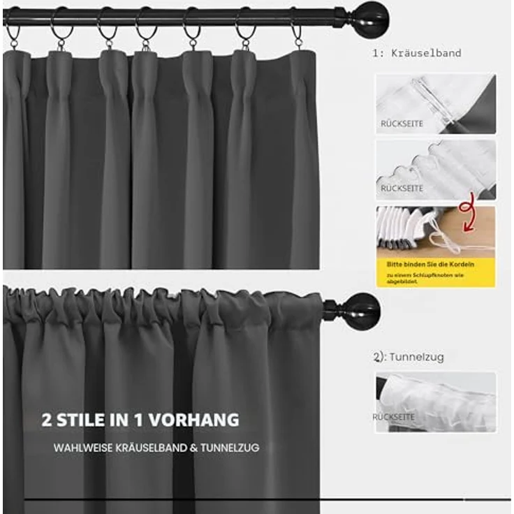 Deconovo Blickdichte Gardine mit Kräuselband Dicke Verdunkelungsgardinen Küche Fenster, 260x140cm(HöhexBreite), Dunkelgrau, 2er Set – Bild 5