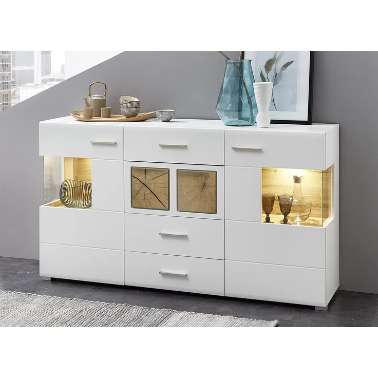 Sideboard Friedberg / Fun Plus, Glas, Holzwerkstoff, Weiß, 170 x 94 x 42 cm